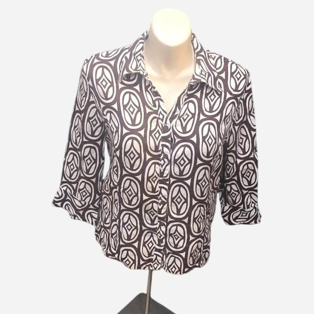WOMENS JM COLLECTION LINEN‎ AOP WHITE/BROWN BUTTON UP TOP 3/4 SLEEVES